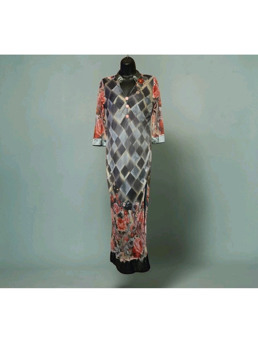 Vintage Y2K Bella Mixed Print Maxi Dress XXL Pink Floral Mesh Asian Side Slit